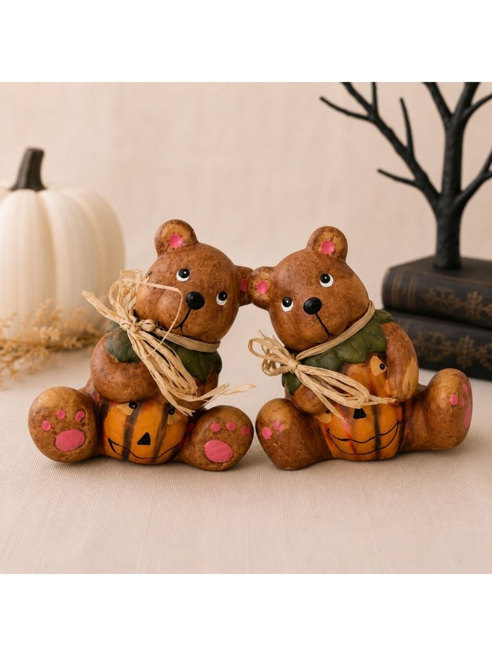 Halloween Pumpkin Bear Figurines VTG 70s Art Studio Rustic Country Kitsch Set